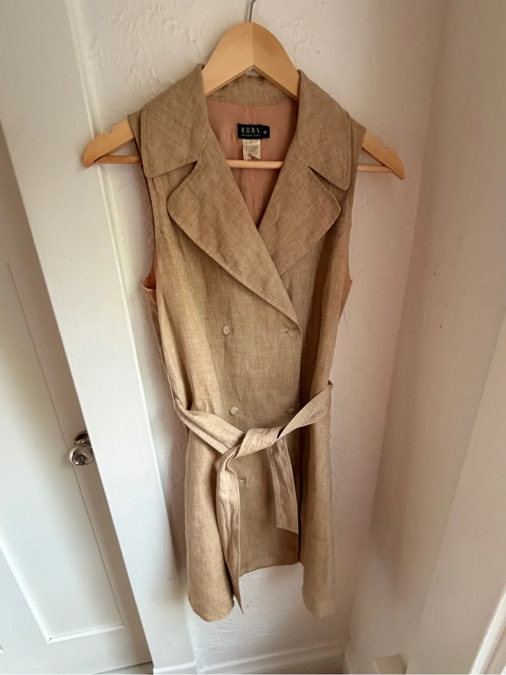 Vintage Linen Michael Kors Sleeveless Double-Breasted Belted Dress in Tan